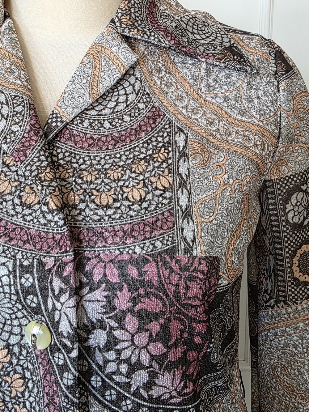 Long-Sleeve Patchwork Paisley Shirt Dress in Taupe and Mauve - Picture 2 of 14